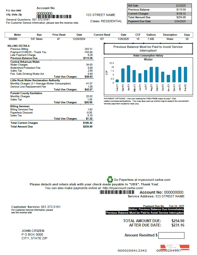 USA CARKW utility bill template in Worrd and PDF formats